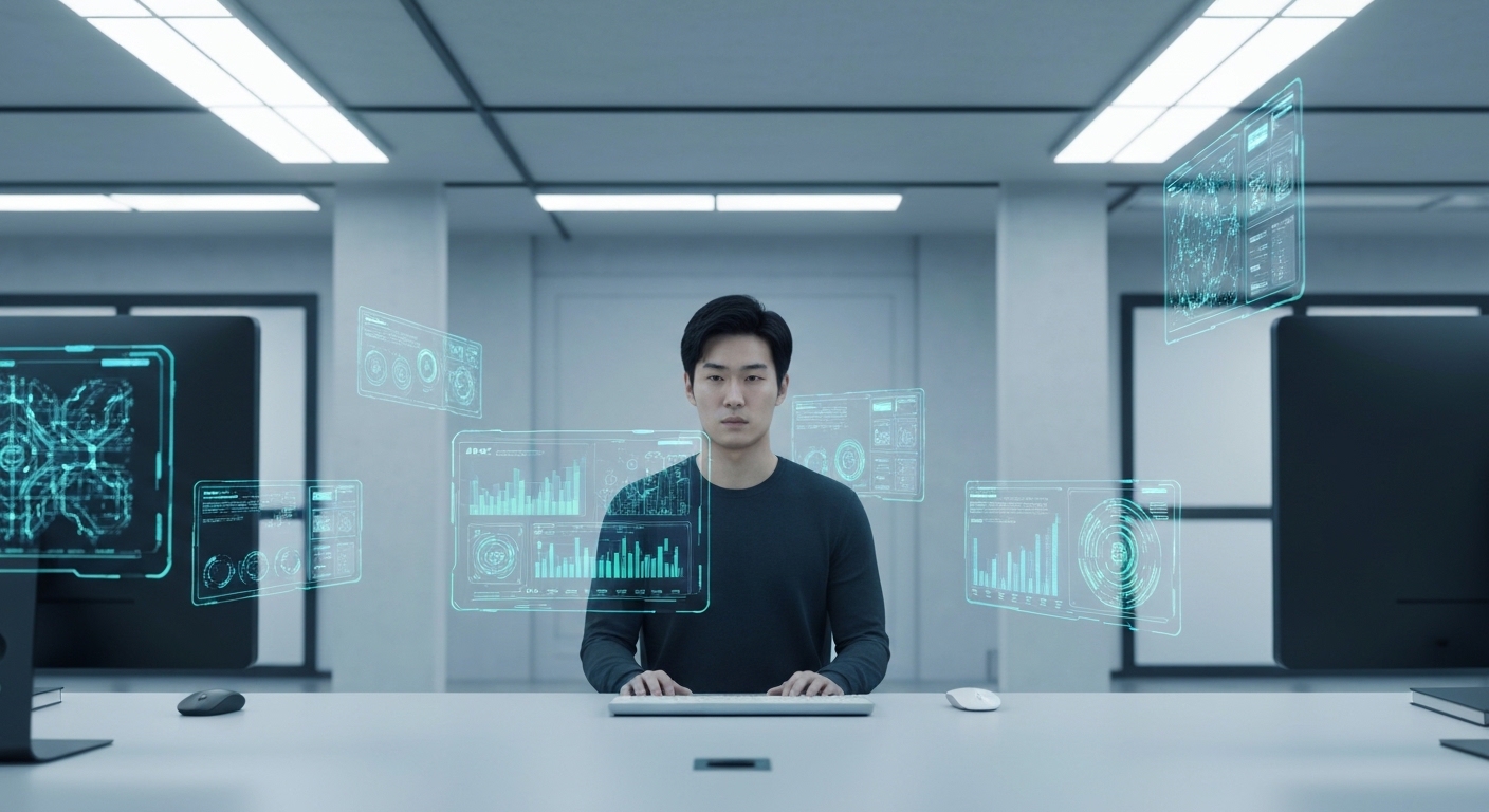 A stark, minimalist office setting where a single human worker stares blankly at a screen, while several holographic AI interfaces float around them, performing complex tasks independently, suggesting a feeling of obsolescence.