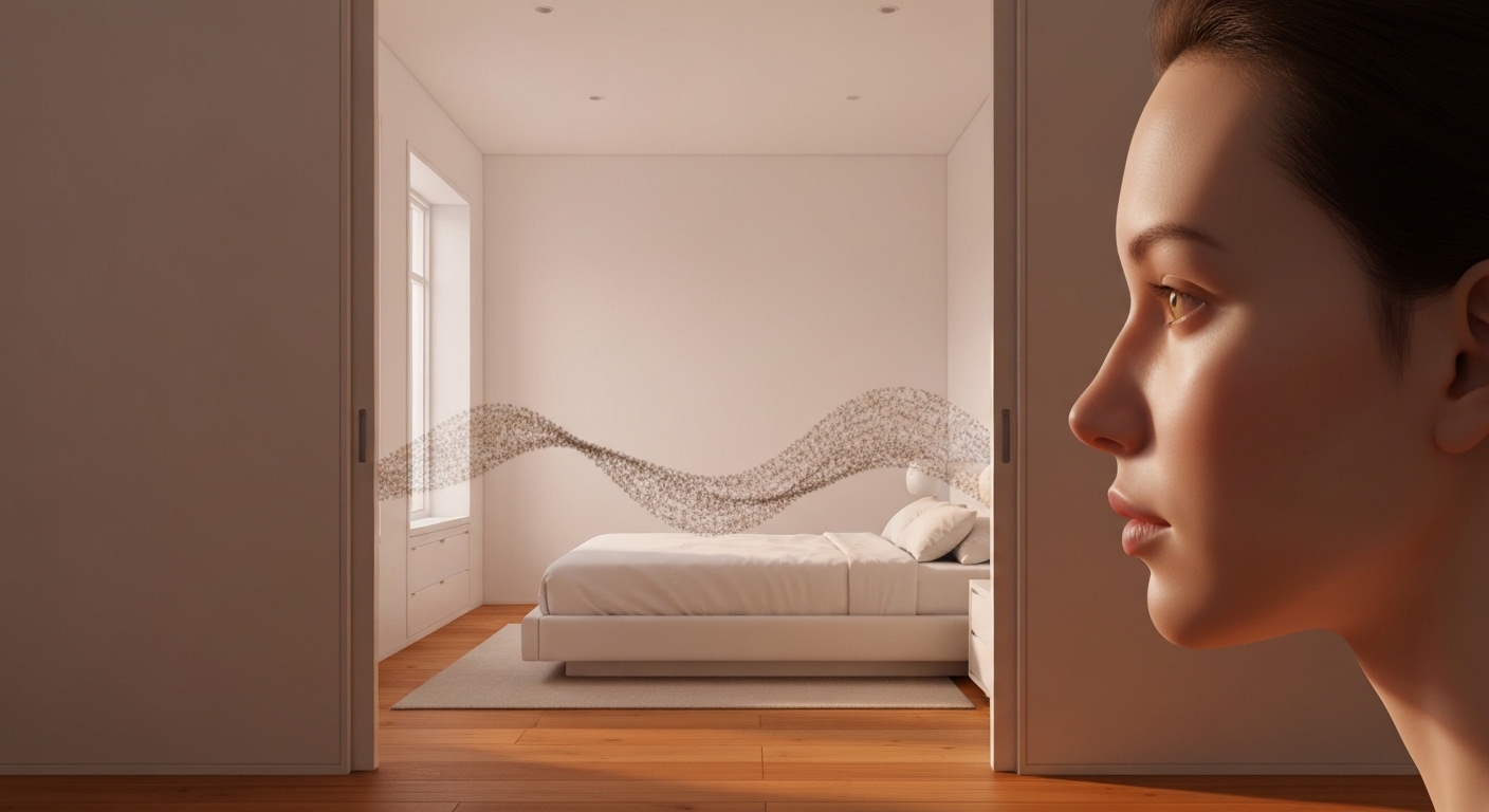 Stylized depiction of a digital shadow or ghostly data stream subtly reaching into a serene, minimalist bedroom, observed by a single, unblinking abstract eye hovering above, symbolizing silent, pervasive surveillance.