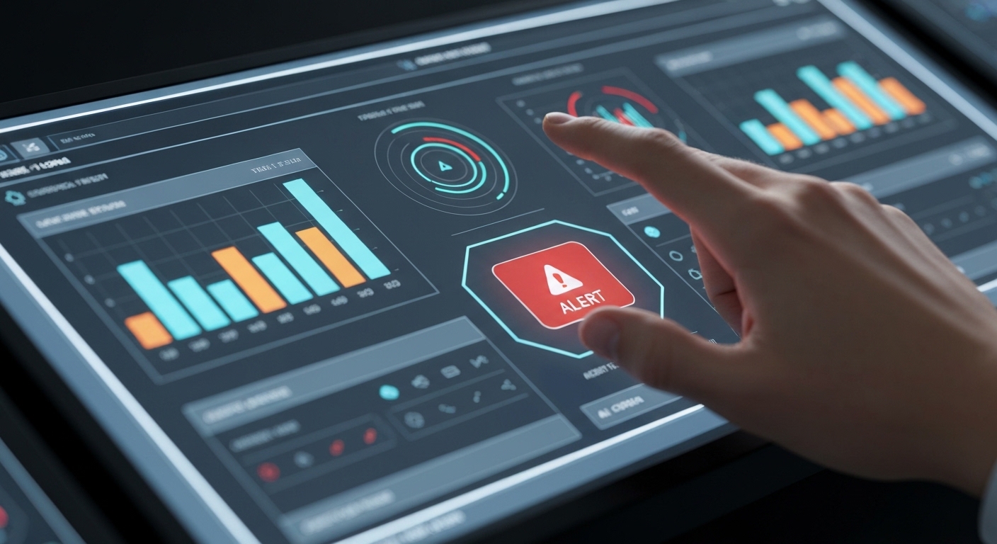 A sophisticated, minimalist control panel for an AI system, displaying complex data visualizations and an alert symbol, with a human hand hovering over a 'deploy' button, reflecting both power and hesitation.