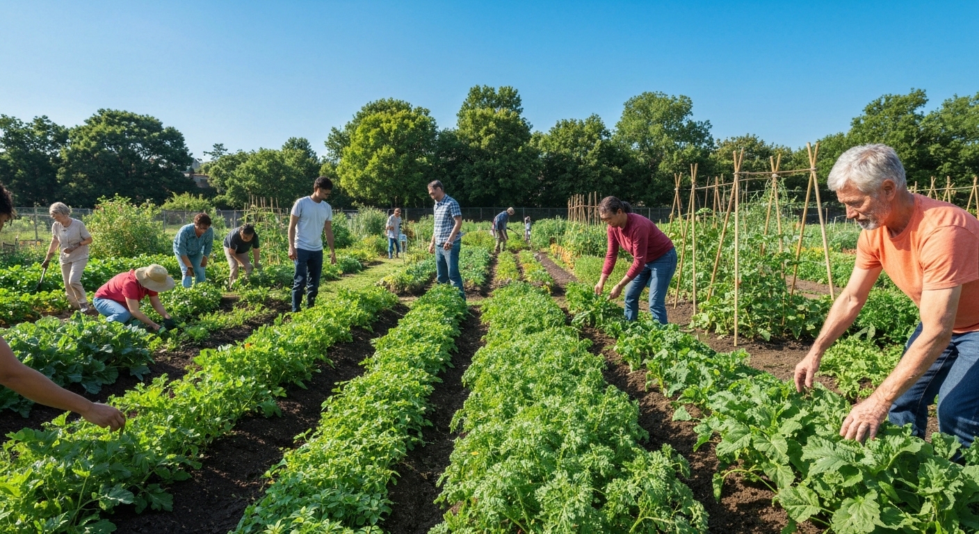 A panoramic shot of a diverse urban community garden thriving under a clear sky, with many hands tending to different plots, symbolizing collective effort, sustainability, and economic resilience, with the sun setting softly in the background.