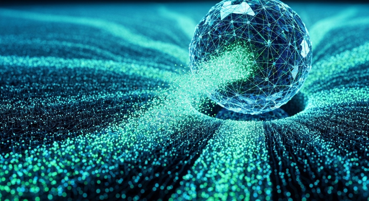 Abstract representation of a vast, interconnected digital network, with tiny, glowing data packets flowing into a larger, stable reservoir, symbolizing passive investment growth.