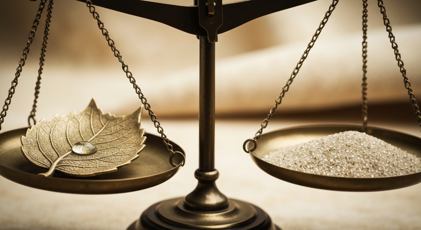 A finely balanced set of antique brass scales, with one pan holding a stylized leaf and a water droplet, symbolizing natural wellness, and the other pan holding abstract mathematical symbols and a magnifying glass, representing scientific rigor and research.