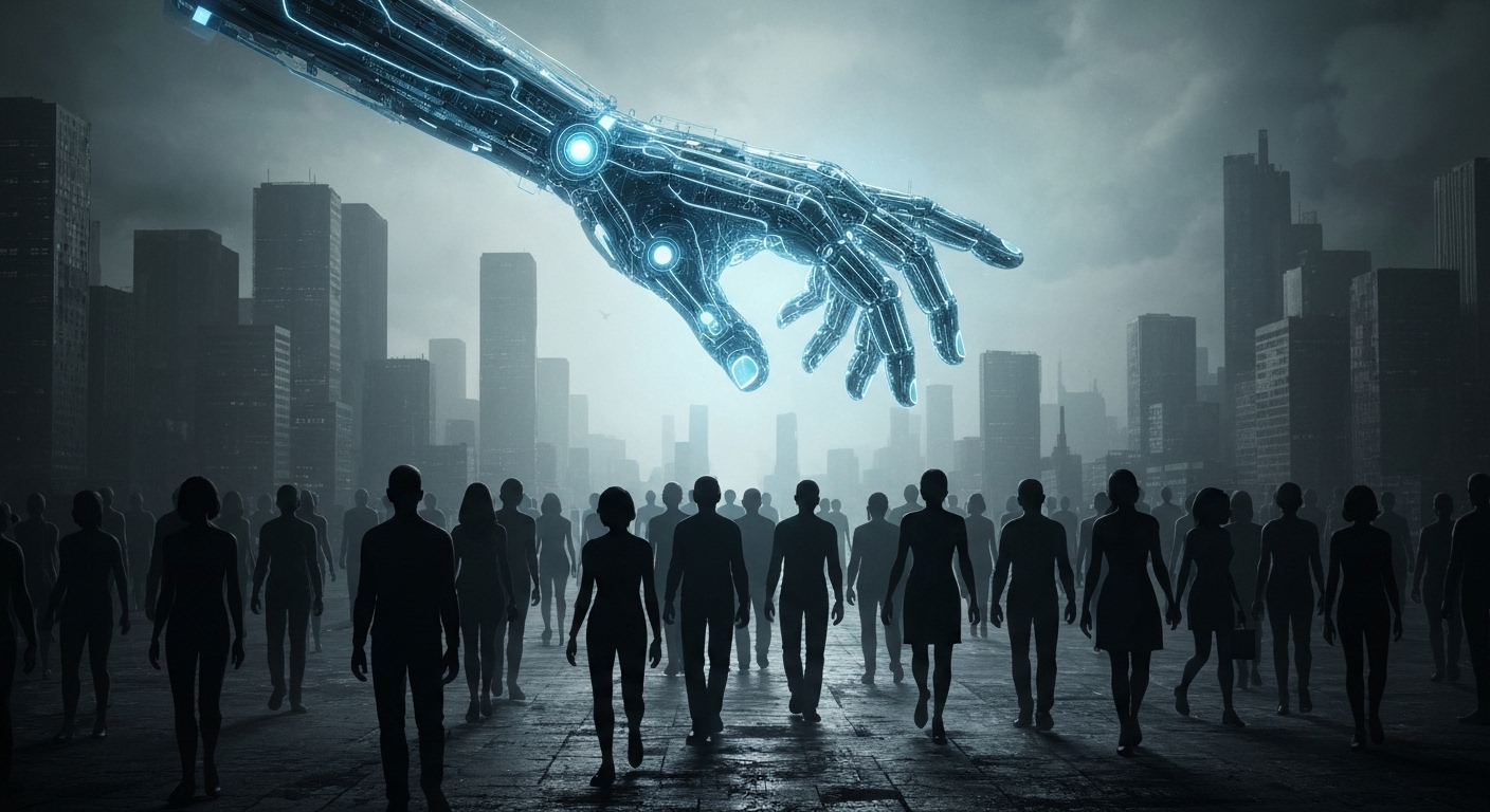 Surreal, dystopian scene depicting a digital hand subtly manipulating a diverse crowd of anonymous, silhouetted human figures, with a stark contrast between technological control and human vulnerability. No text, no real people's faces.