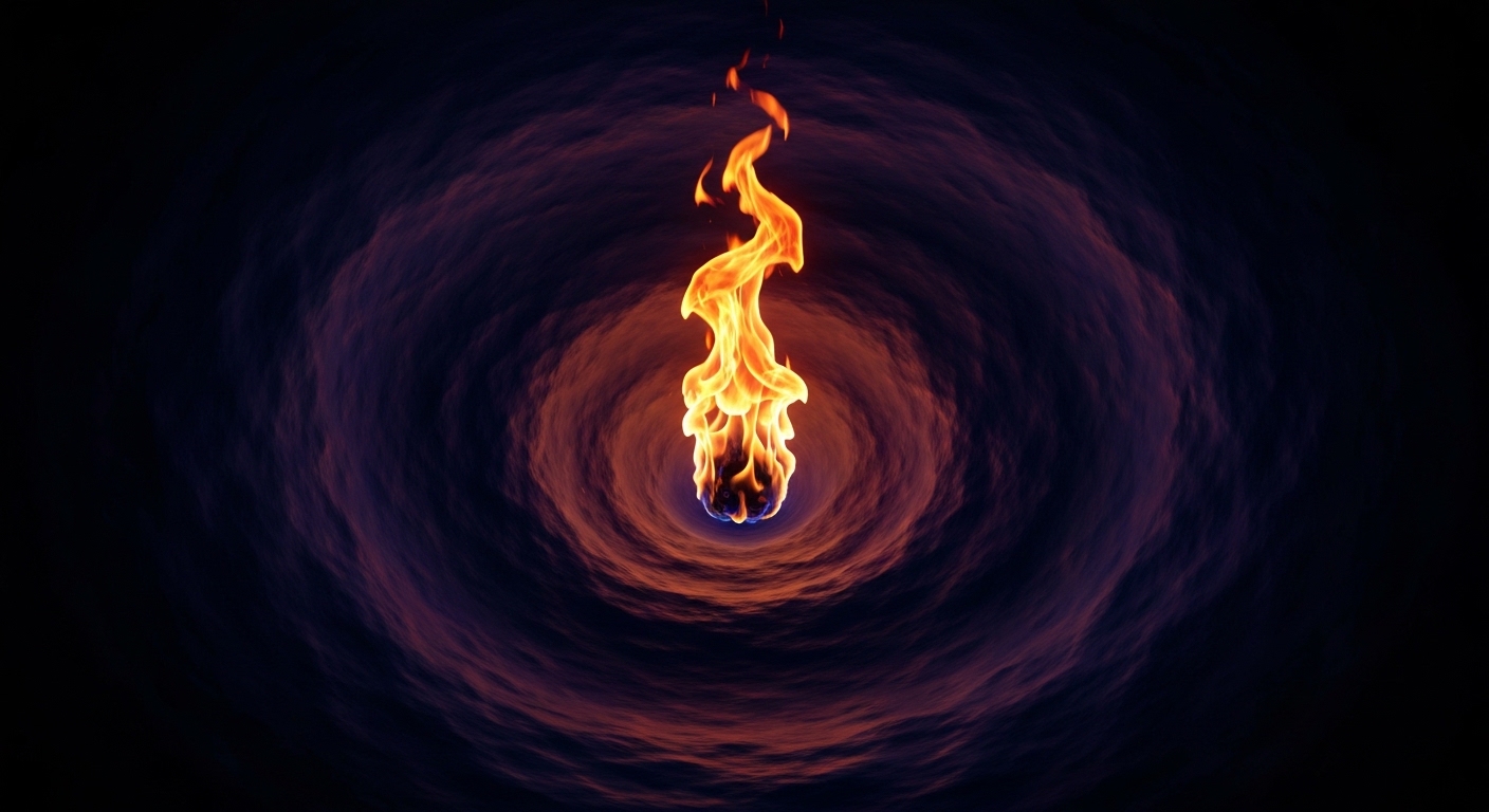Abstract depiction of a swirling cosmic void contrasted with a single, brightly burning flame, symbolizing existential reflection leading to focused purpose.