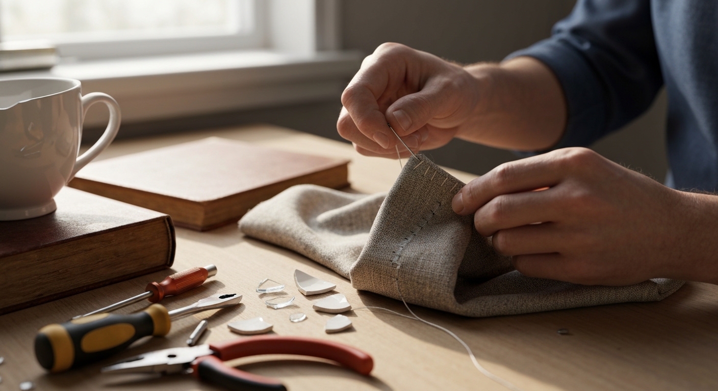 A close-up of hands diligently mending a worn fabric with needle and thread, surrounded by various household objects being repaired: a broken ceramic mug, a shoe sole being glued, and a small electronic device with exposed wires.