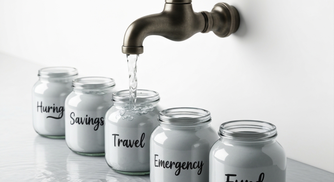 A subtle, stylized graphic showing water flowing from a large faucet into a series of smaller, distinct, automatically labelled jars (e.g., 'Savings', 'Emergency', 'Investments'), with a calm, orderly aesthetic.