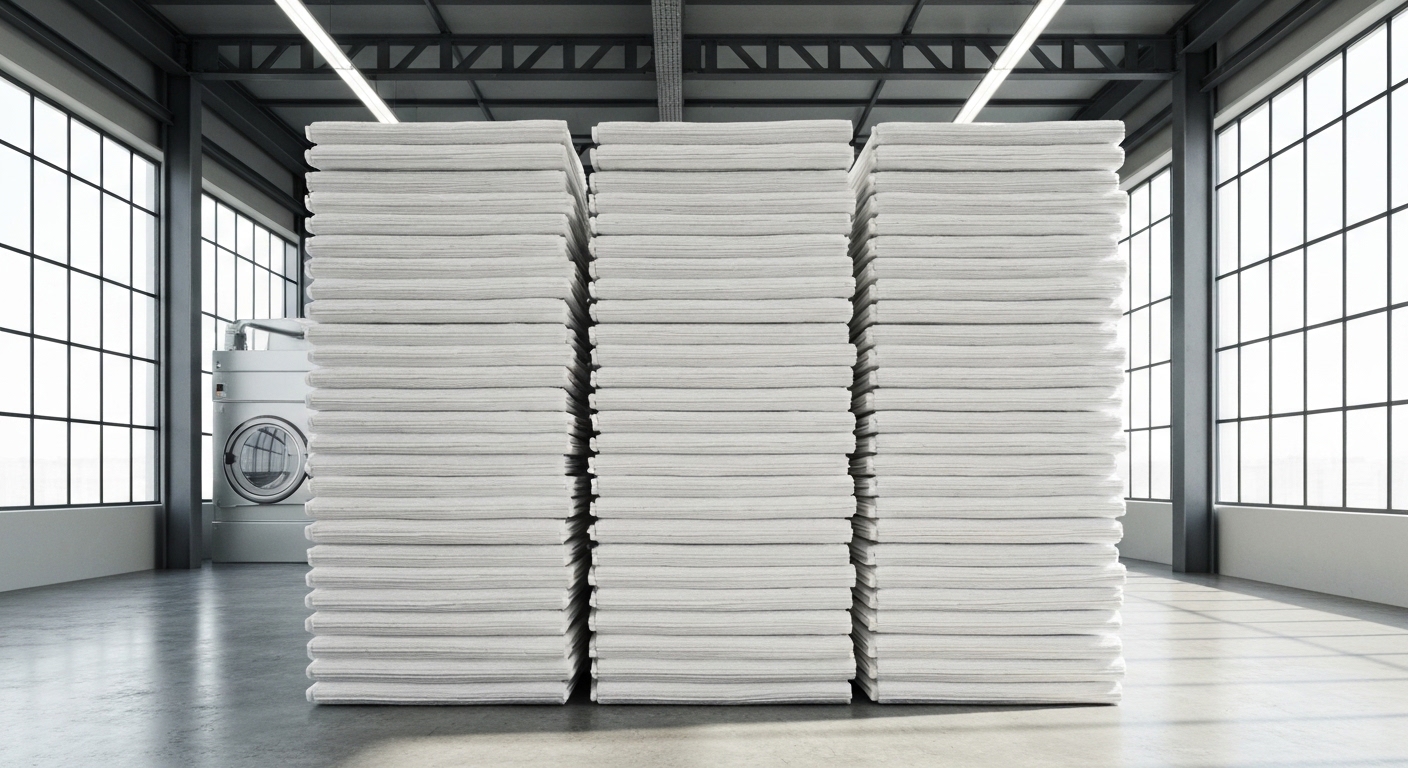 A brightly lit, minimalist industrial laundry facility features a towering, perfectly aligned stack of identical, freshly laundered, fluffy white towels. Gentle wisps of steam rise from the top, and a very subtle, almost unnoticeable, embroidered symbol of a tiny tennis racket can be seen on the corner of one towel in the foreground.