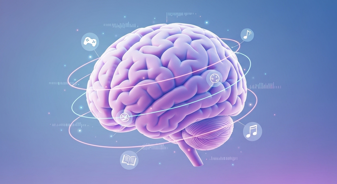 A serene, stylized digital brain surrounded by flowing data streams and small, comforting icons of entertainment and productivity, all subtly pulling threads towards the brain's core.