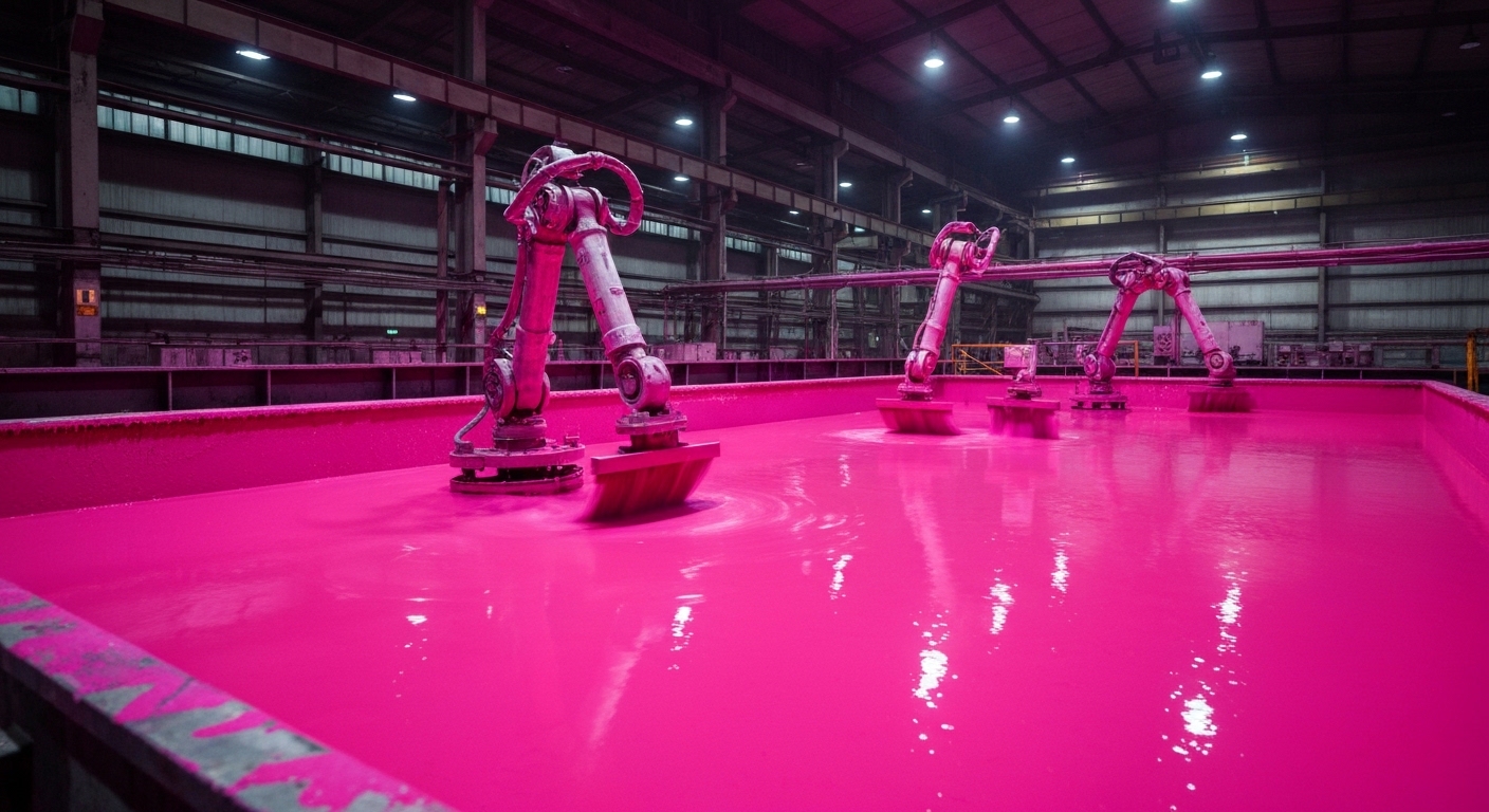 A vast, industrial-scale vat of vibrant pink paint, glowing under factory lights, with robotic arms stirring the thick liquid, reflecting the intense hue onto the metallic surfaces.