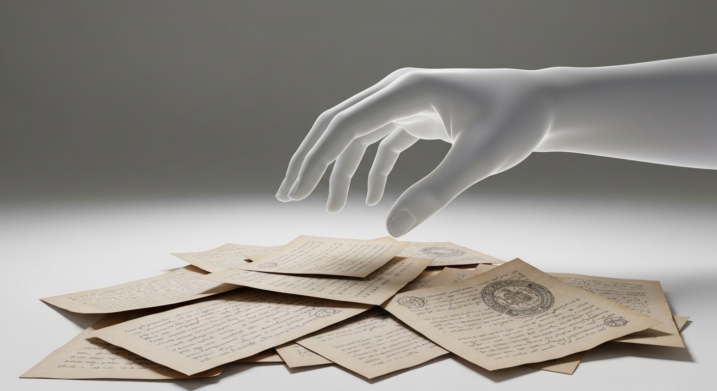A stark, minimalist depiction of a giant, translucent digital hand subtly sifting through a pile of fragmented, antique-looking paper documents, some glowing with digital light, others fading into obscurity, representing the manipulation of historical records.