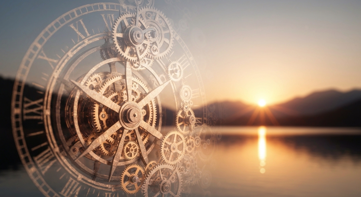 An intricate, glowing clockwork mechanism subtly interwoven with a soft, blurred landscape of a serene lake and mountains under a warm, rising sun. The gears represent optimization and measurement, contrasting with the natural peace of the setting, with no human figures visible.