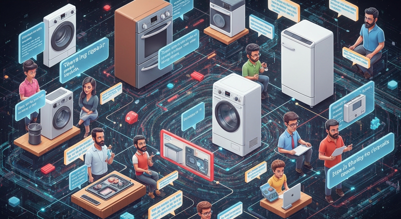 An abstract representation of a bustling online forum or community dedicated to sharing repair tips, with digital threads connecting diverse household items and tools, overlaid with smiling emoji faces and lightbulb icons.