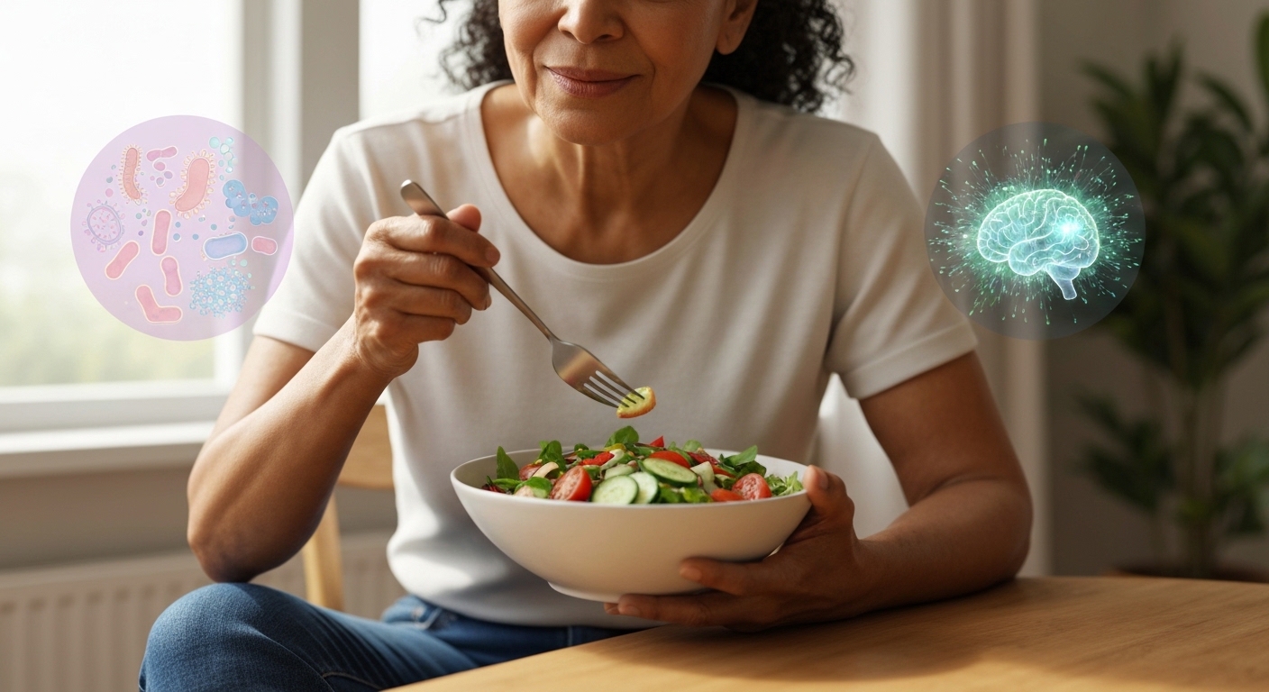 A person mindfully eating a bowl of colorful, fresh salad with a small, subtle overlay illustrating a healthy gut microbiome and glowing brain activity.