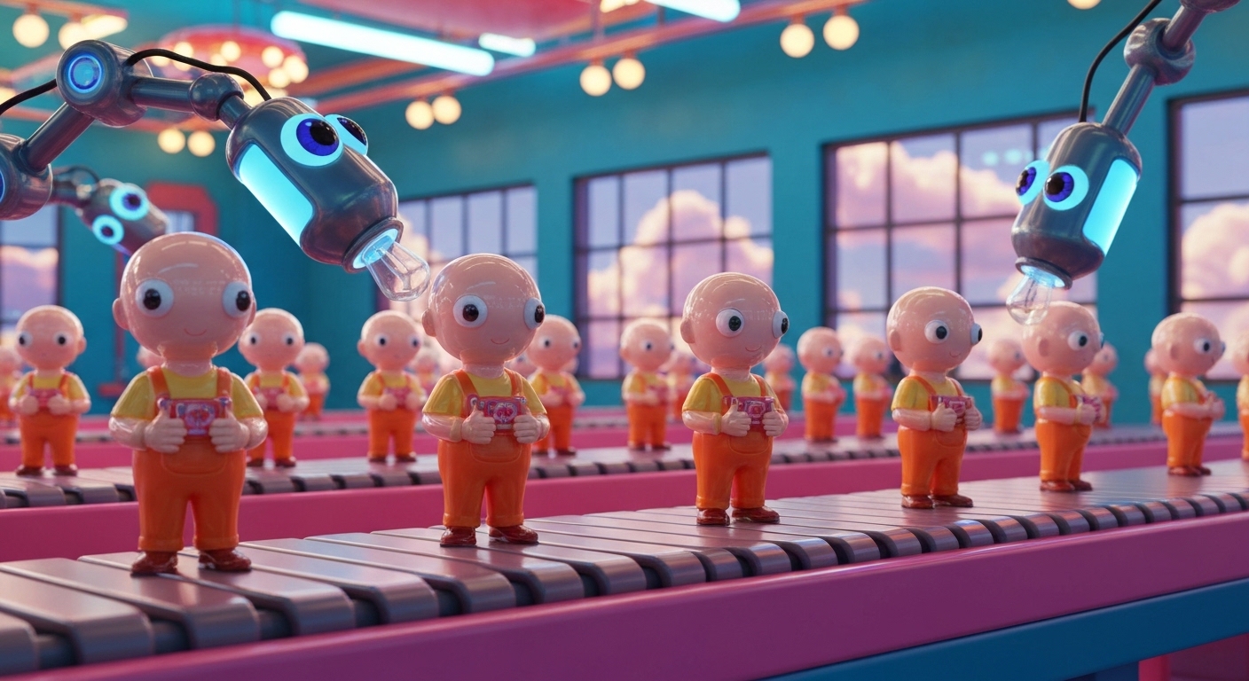 A whimsical, stylized factory conveyor belt where small, identical human figures are being gently polished and repackaged by robotic arms, all while smiling contentedly.