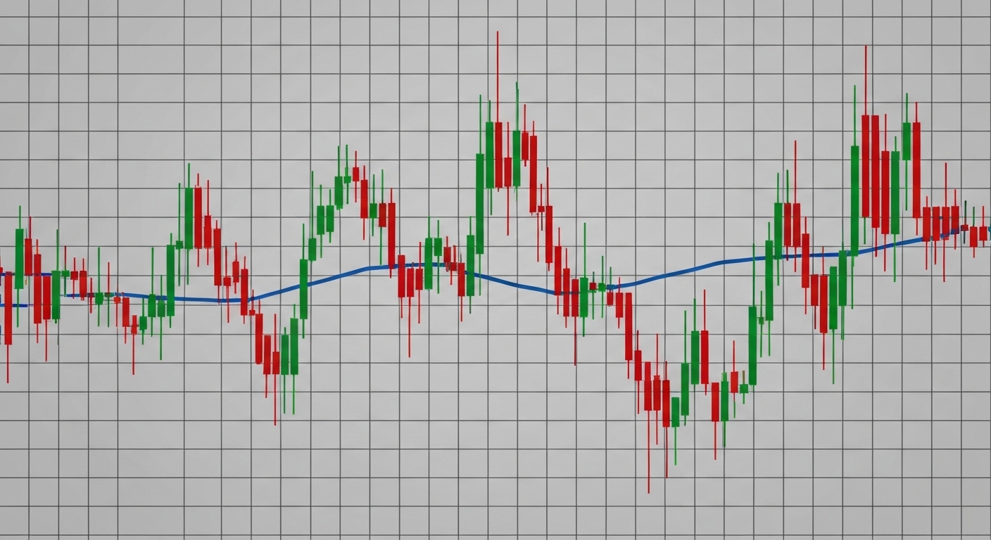 A complex financial chart displaying stock market fluctuations with red and green candles, overlaid with a smooth blue average line indicating dollar-cost averaging