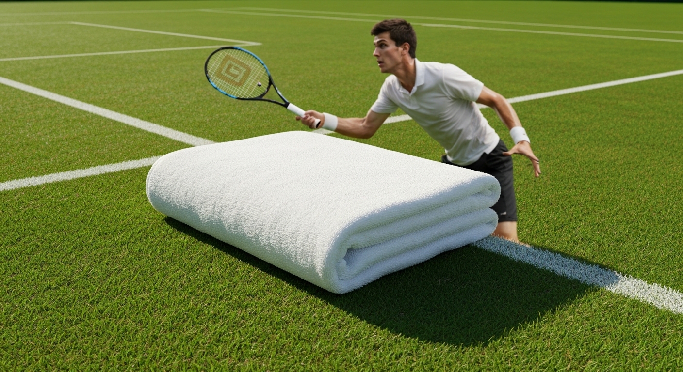 A pristine, white folded towel rests perfectly on a lush green grass tennis court, with the blurry, dynamic motion of a tennis player mid-serve visible in the soft focus background. A single, glistening bead of sweat is visible on the towel's surface.