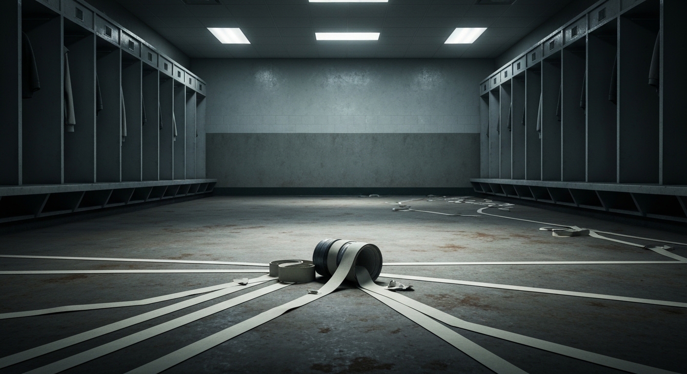 An evocative, shadowy abstract scene inside a vast, empty locker room immediately after a major event, with discarded athletic tape on the floor, a single team jersey hanging alone, and a sense of quiet reflection and spent energy in the air.