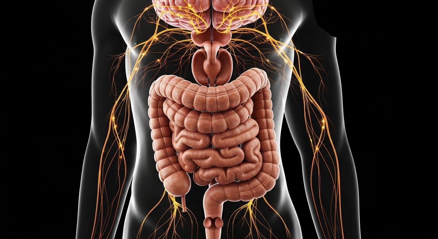 A highly detailed scientific illustration of the human digestive system interconnected with the brain via nerve pathways, highlighted with glowing neural signals.