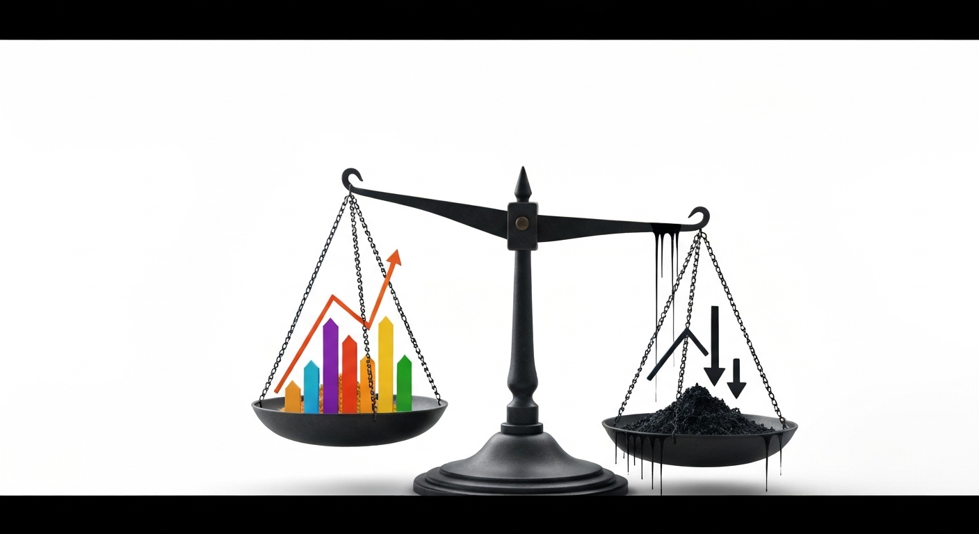 A stylized abstract representation of a scale, with one side showing job growth and skill development, and the other showing rising prices and cost of living pressures, perfectly balanced but subtly indicating the tension between the two, perhaps with a soft, warm light on the 'growth' side and a cooler, blue light on the 'cost' side.