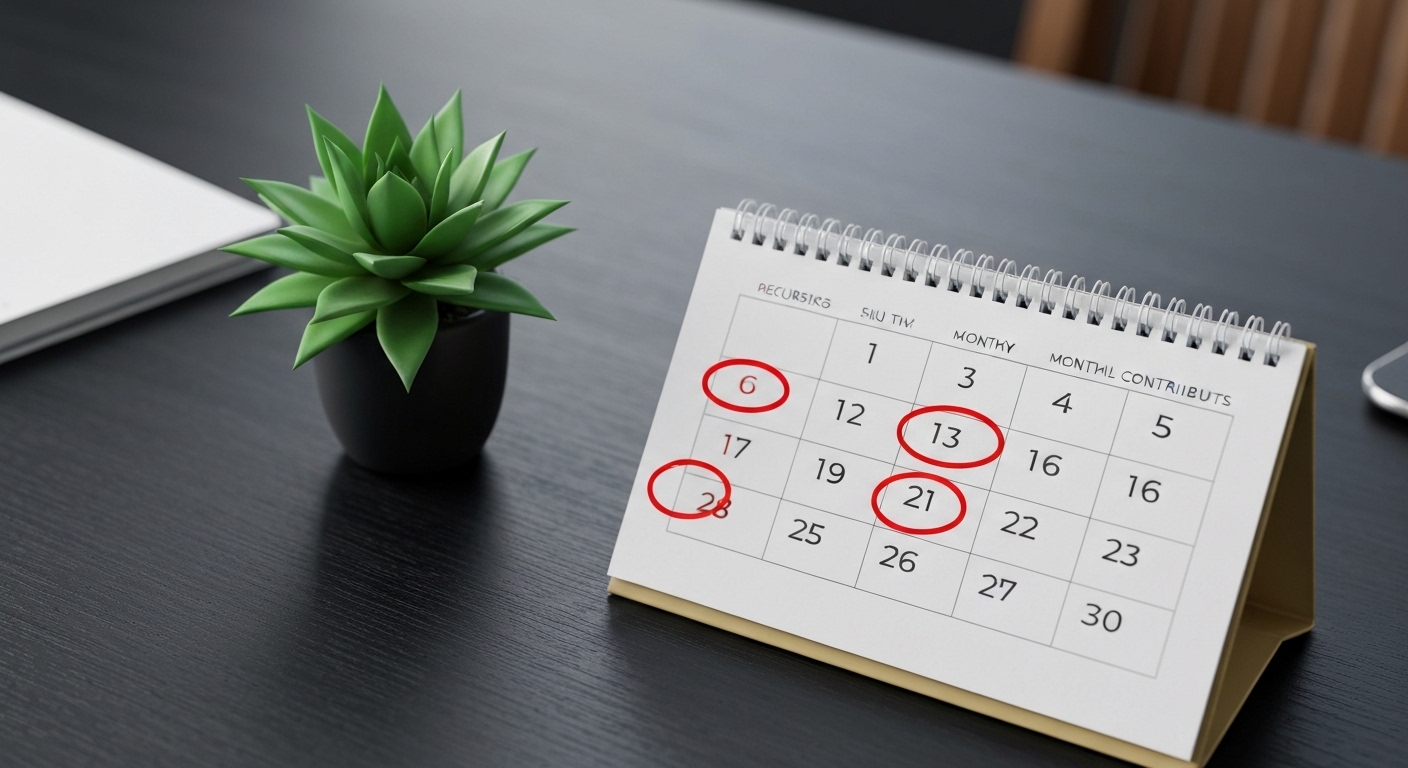 A minimalist calendar on a desk, with several dates circled in red, symbolizing recurring monthly investment contributions. A small potted plant and a pen are also visible.