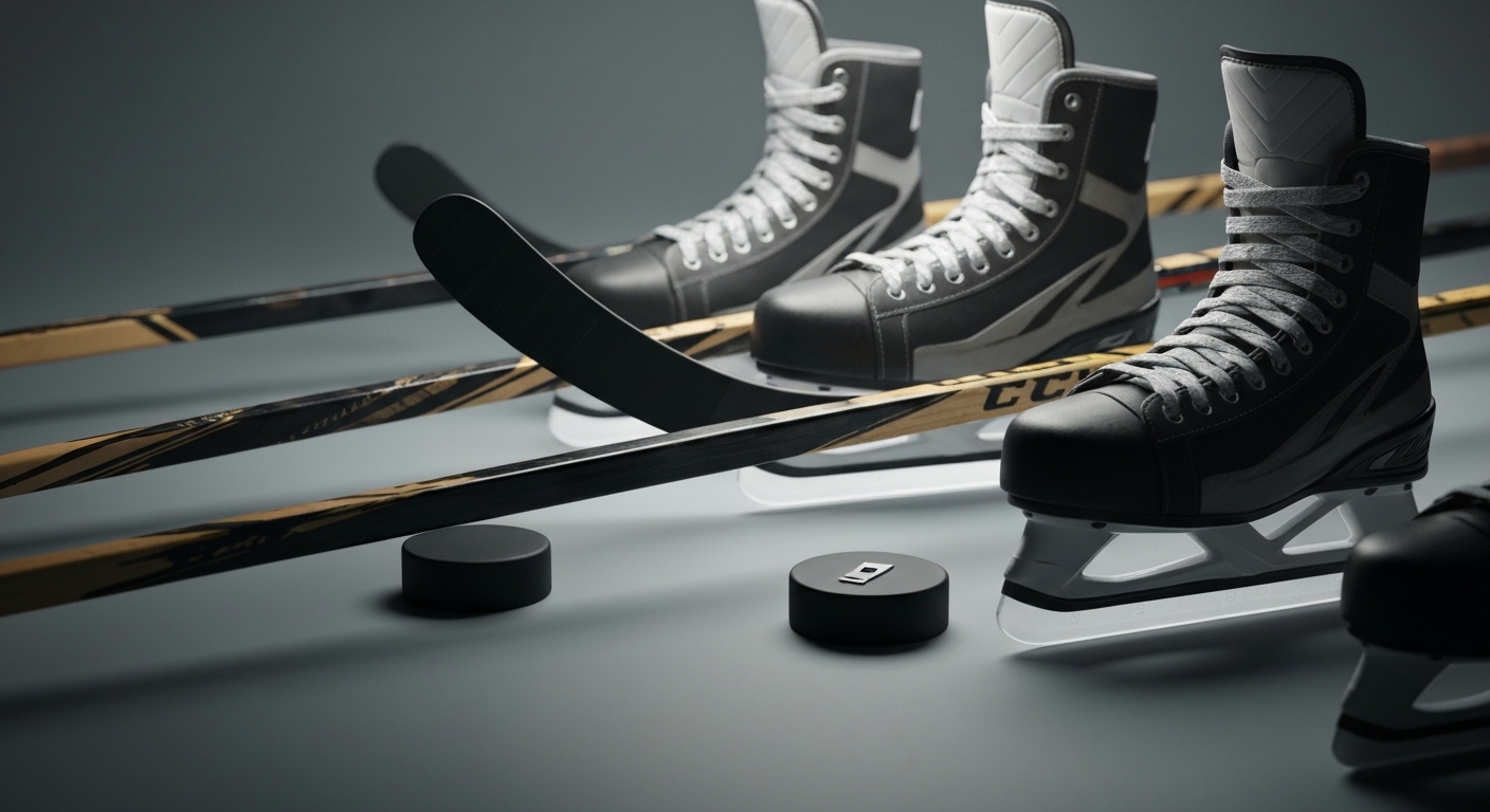 A close-up, abstract artistic representation of meticulously arranged hockey sticks and skates, glowing under soft, focused light, with tools like tape and sharpening stones glinting in the background, conveying precision and dedication.
