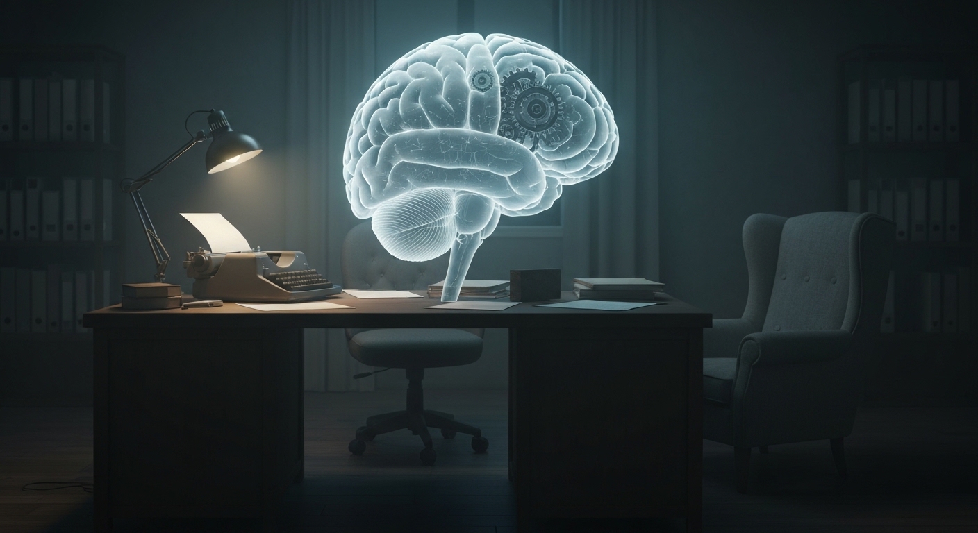 A stylized, half-transparent brain inside a dimly lit room with an office desk and a comfortable armchair, showing faint gears and cogs related to ambition and creativity slowing down amidst domestic clutter.