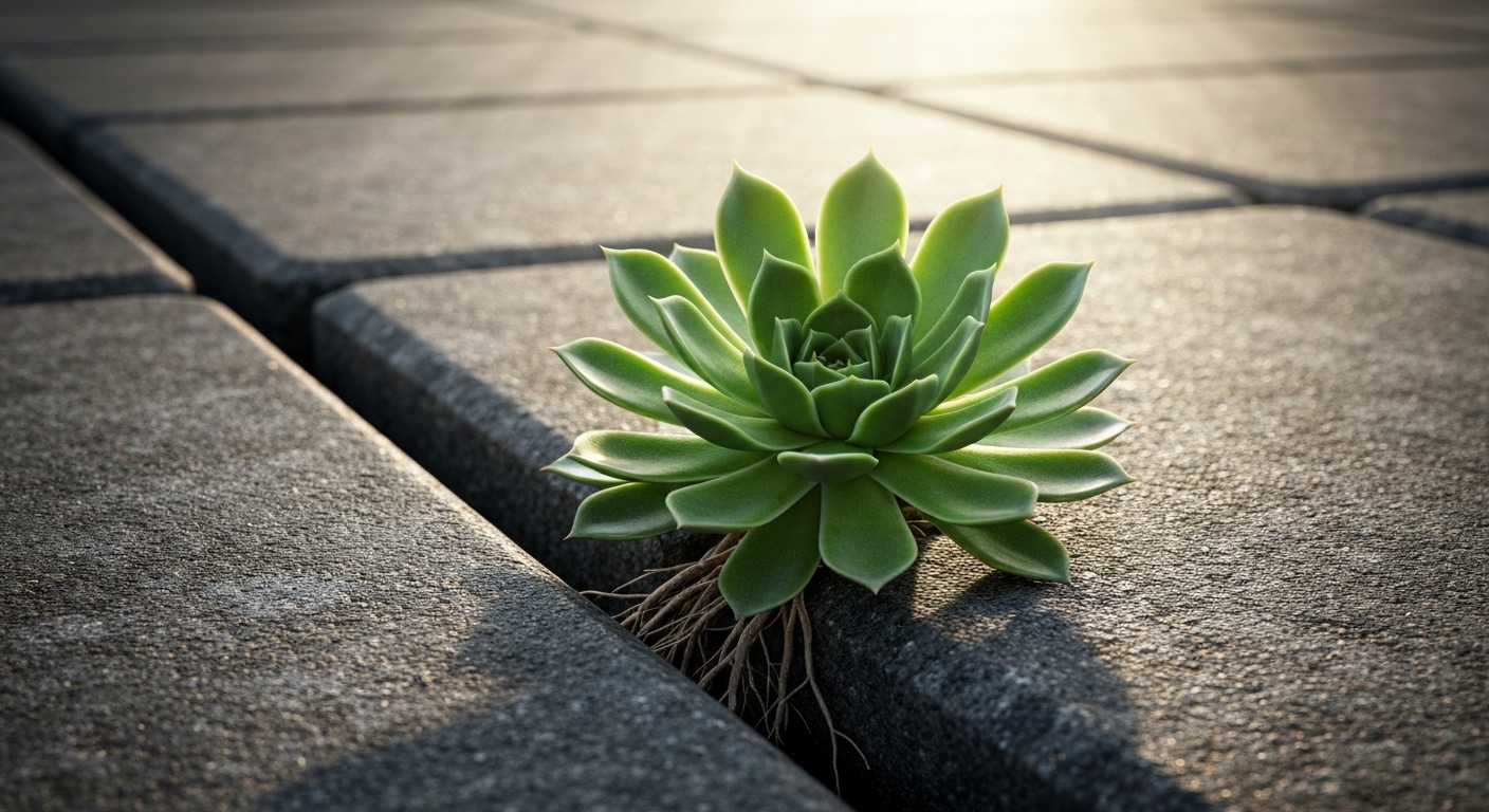 A single, sturdy plant growing through a crack in concrete, its roots reaching deep into unseen soil, with sun rays highlighting its vibrant green leaves, symbolizing resilience and growth from unexpected places.