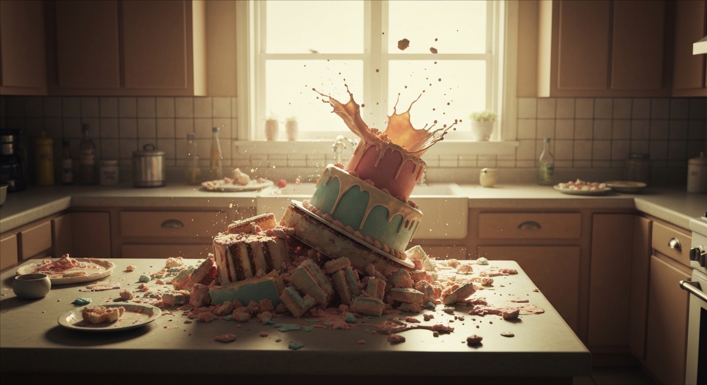 A chaotic kitchen scene with a dramatically collapsed, multi-tiered cake resembling a heap of rubble, surrounded by splattered frosting and bewildered kitchen tools. The lighting is ironically artistic, highlighting the disaster.