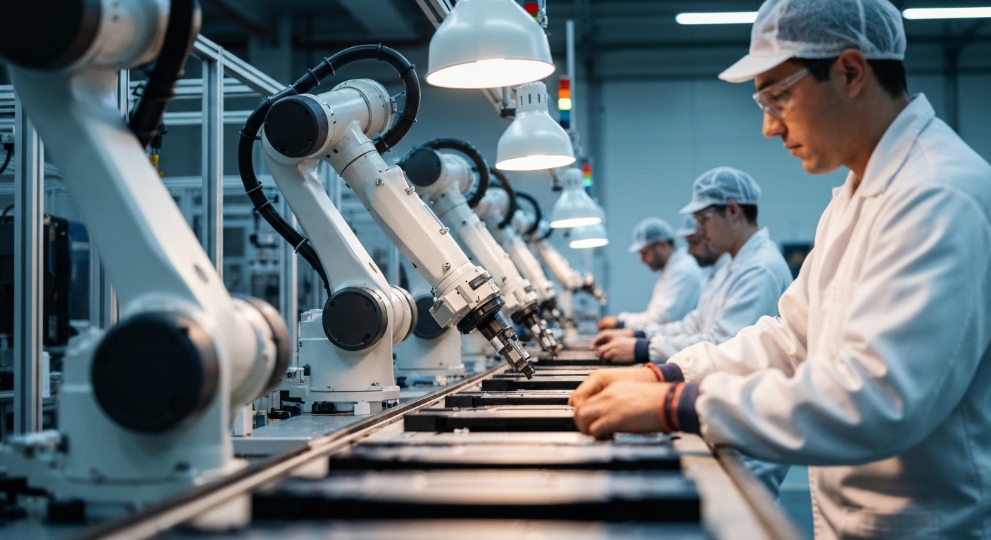 A dynamic, close-up shot of robotic arms working alongside skilled human hands on an assembly line in a clean, modern factory, suggesting a blend of new technology and localized labor, with subtle indications of diverse worker demographics.