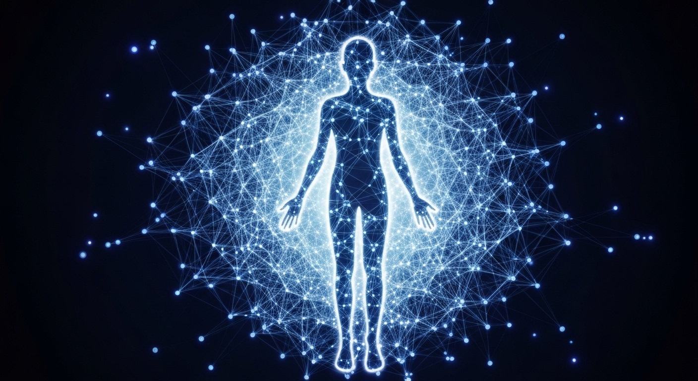 Abstract representation of sleep data visualized as a complex, glowing network engulfing a simplified human silhouette, implying comprehensive digital capture and analysis.