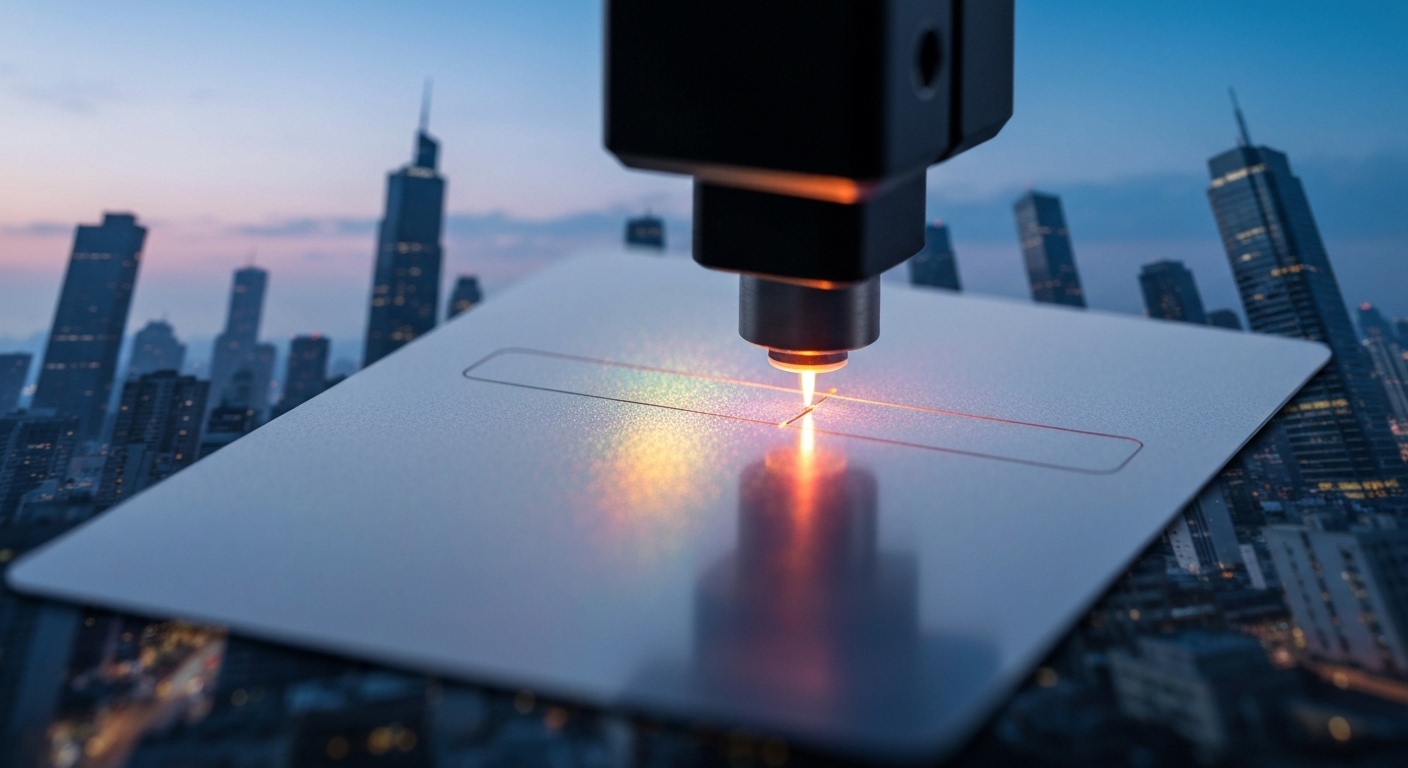 A highly detailed close-up of a laminated card being precisely cut by a laser, with a faint holographic shimmer visible on its surface, against a backdrop of complex, modern printing machinery. No people's faces or recognizable brands.