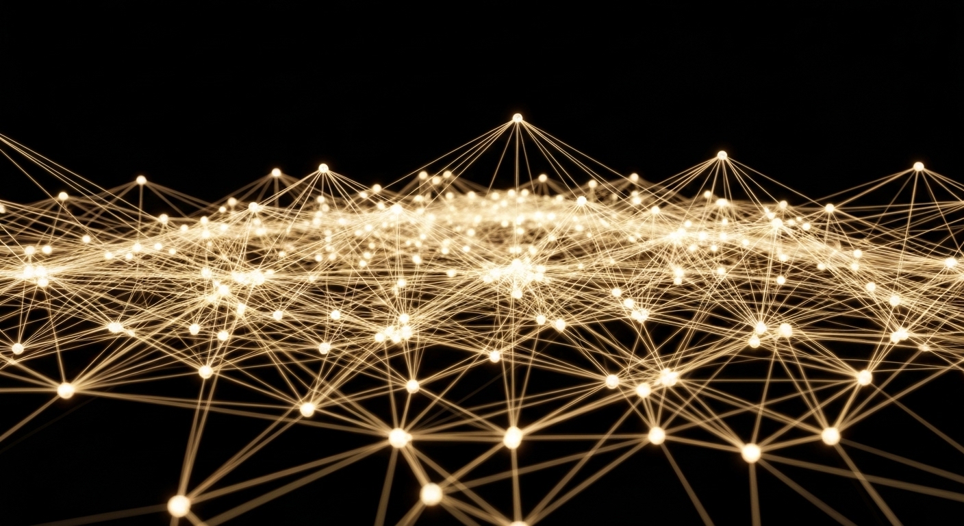 A complex web of interconnected glowing lines and nodes, abstractly representing skills, relationships, and resources intertwining, with a subtle golden shimmer emanating from the center, against a soft, unfocused background of daily life elements like a half-used paint brush, a stack of books, and garden tools.