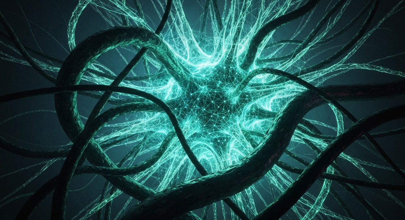 Abstract, cinematic depiction of a glowing, complex neural network entangled with shadowy, almost industrial tendrils, representing both the allure and the hidden costs of advanced AI. No text, no real people.