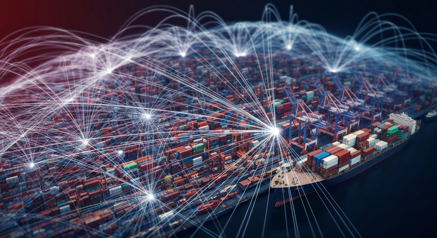 A complex, interwoven network of faint, glowing lines representing global supply chains, with one prominent line noticeably rerouting towards a closer, more defined hub, against a backdrop of soft, blurred industrial skylines at dawn.