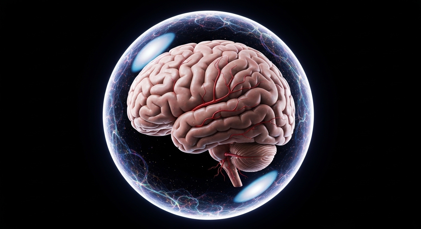 An abstract representation of a single brain encased in a transparent, spherical force field, reflecting only its own thoughts and preventing external input. The brain itself is depicted with flowing, repetitive neural pathways.