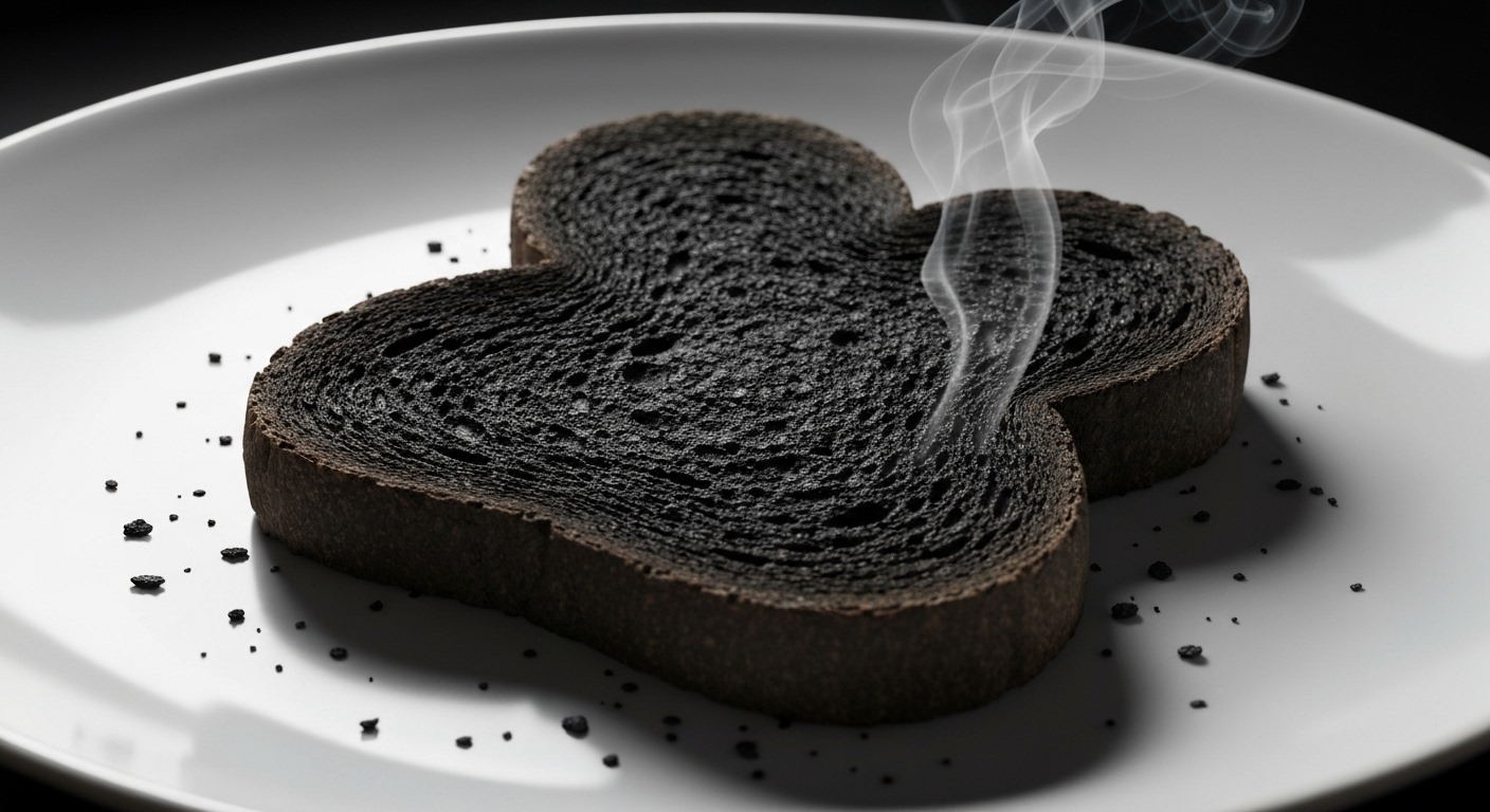 A close-up, humorously exaggerated depiction of a single piece of toast, conspicuously and uniformly burnt to a crisp black, resting forlornly on a pristine white plate, with a subtle, ironic spotlight.