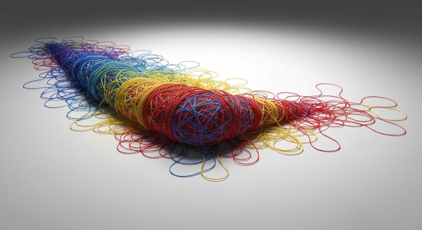 A complex, tangled knot of colorful threads slowly unraveling into orderly, separate strands on a clean, white surface, with a singular, bright light illuminating one emerging, clear path, representing problem-solving and new ideas.