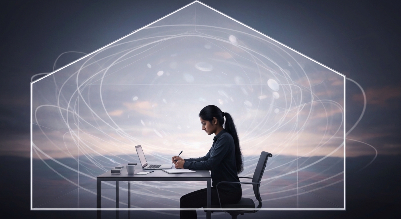An abstract representation of a house with a transparent wall, revealing a single person working at a desk, surrounded by faint, swirling professional symbols like upward arrows and ladders dissolving into the domestic setting.