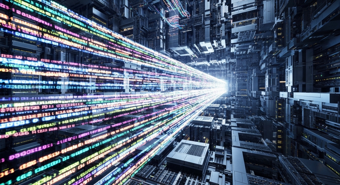 Highly detailed, data-centric photography showing streams of luminous data flowing into a monolithic, abstract server structure, with a subtle, almost menacing glow. Represents the immense data requirements and energy consumption of advanced AI. No text, no real people.