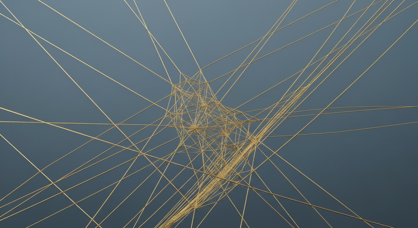 A complex web of intertwined golden threads, some taut and straight, others gently curving, against a muted background, representing the interconnectedness and subtle power of pre-set financial agreements and commitments.
