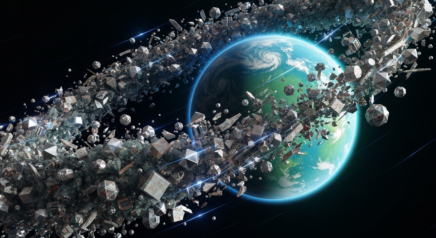 A swirling cloud of fragmented geometric shapes and metallic shards orbiting a stylized blue and green planet, with faint streaks of light representing satellite trajectories attempting to navigate through the chaos.