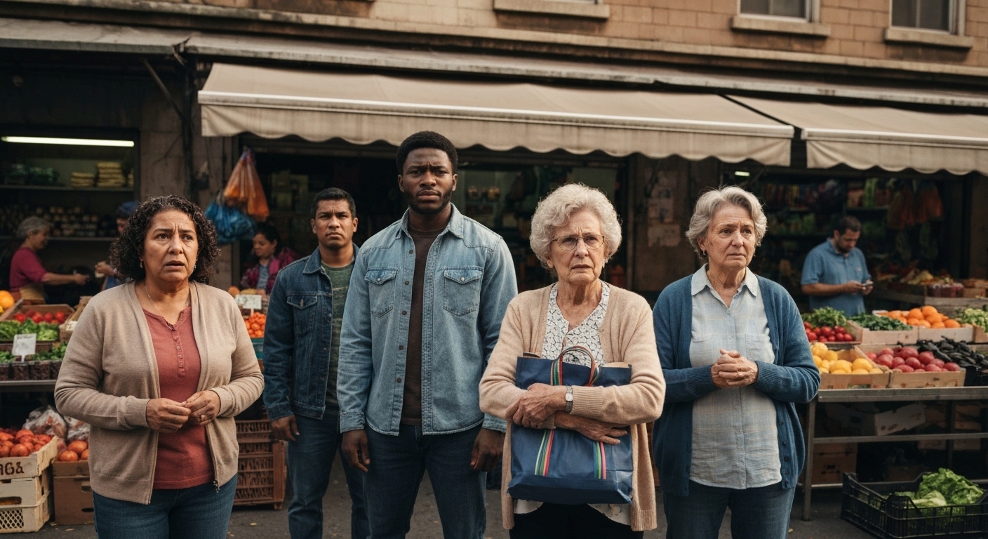 A diverse group of people from various working-class backgrounds, looking concerned and holding grocery bags, standing in front of an urban market with price signs