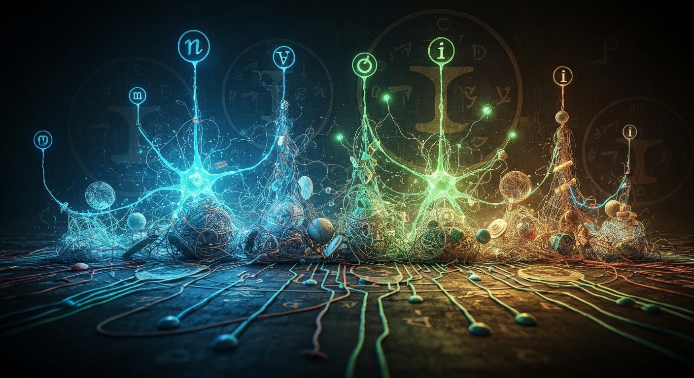 Stylized graphic showing interconnected neural pathways illuminating a complex problem-solving scenario, with subtle ancient symbols suggesting deep introspection.