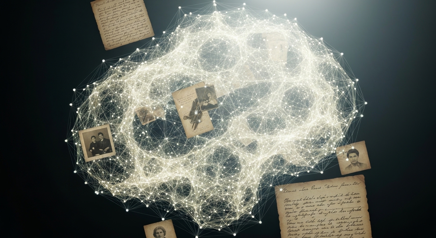 An ethereal, glowing network of interconnected lines and nodes forming a complex, abstract brain-like structure, subtly interwoven with archival documents and golden corporate logos, all against a dark, somber background.