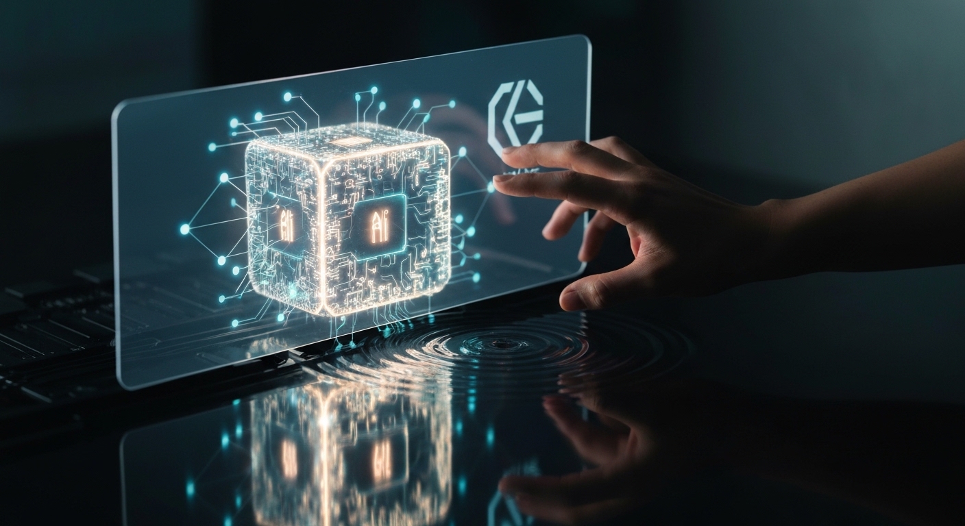 Cinematic shot of a partially revealed, glowing AI core or neural network hidden behind a translucent, corporate-branded screen, with a human hand attempting to pull back a corner of the screen to expose more. Focus on transparency and investigation. No text, no real people.