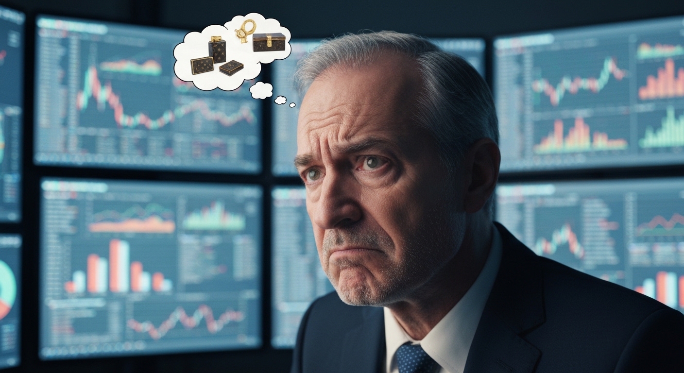 Cinematic shot of a confused person staring at multiple complex financial charts on screens, with small thought bubbles of luxury items, slightly blurred and out of reach.