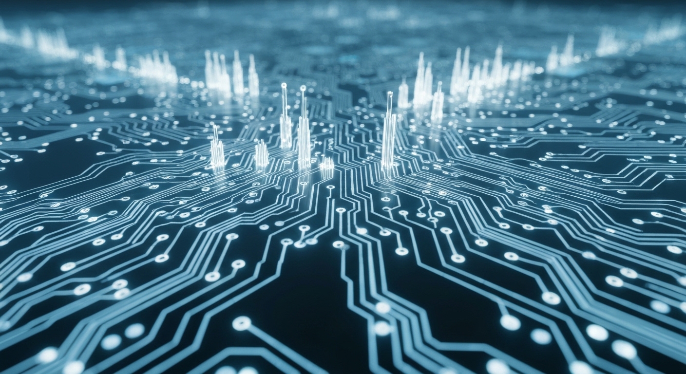 An intricate, glowing digital circuit board with small, autonomous light pulses moving along predefined pathways, symbolizing automated financial decision-making and pre-programmed actions.