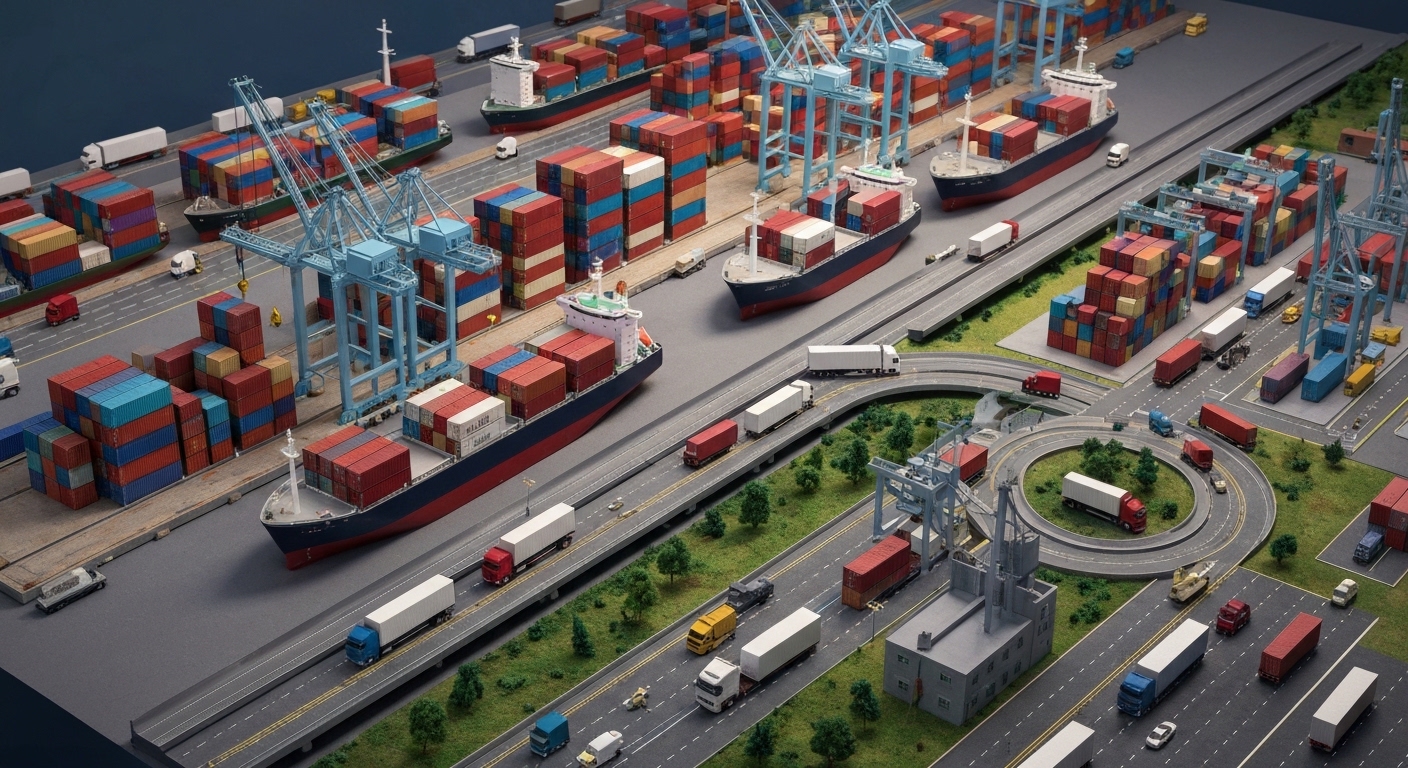 A meticulously crafted miniature diorama depicting a chaotic global supply chain, with tiny, overloaded cargo ships and trucks struggling to transport mountains of glowing pink pigment across continents under a stylised, vibrant pink sky.