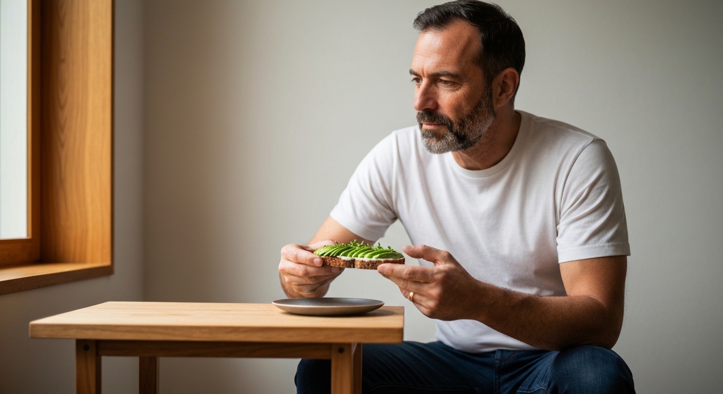 A person sitting at a minimalist wooden table, holding a vibrant green avocado toast, looking thoughtfully at the food before taking a bite, natural light streaming in from a window.