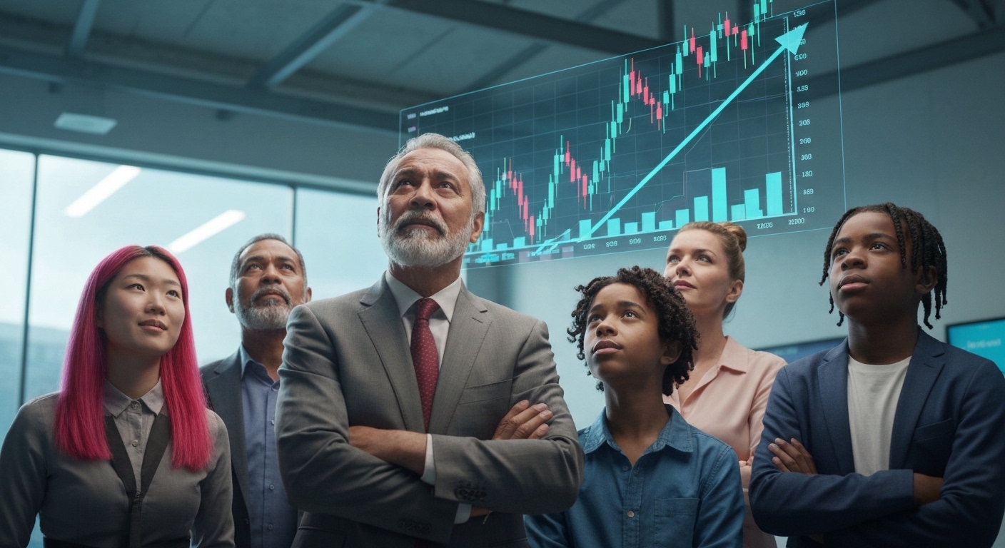 A diverse group of people, young and old, confidently looking at a rising stock market graph displayed on a large digital screen in a modern, brightly lit financial education seminar room